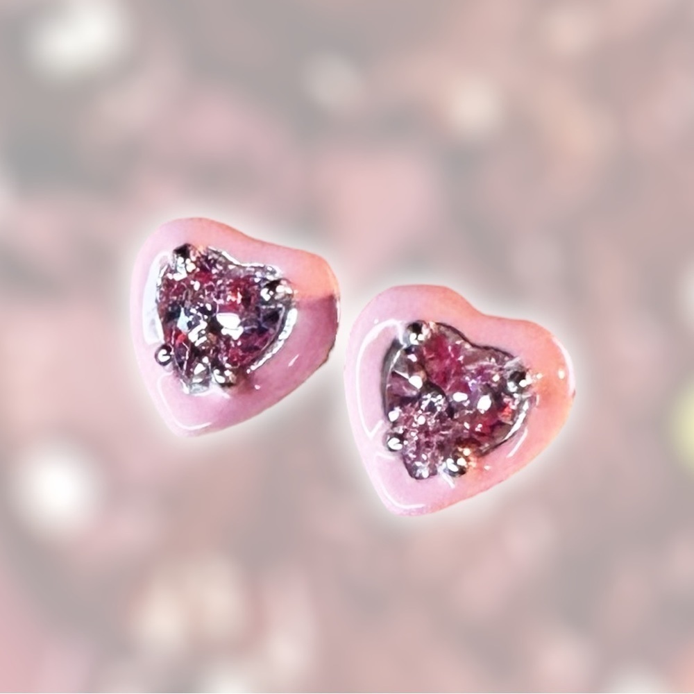 NEW Pink Enamel Framed Pink CZ Heart Cut White Gold-Plated 925 Sterling Earrings